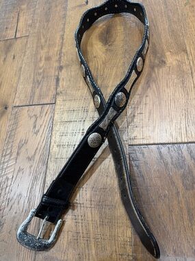 Vintage Tony Lama Black Leather Belt with Silver Conchos and Engraved Buckle